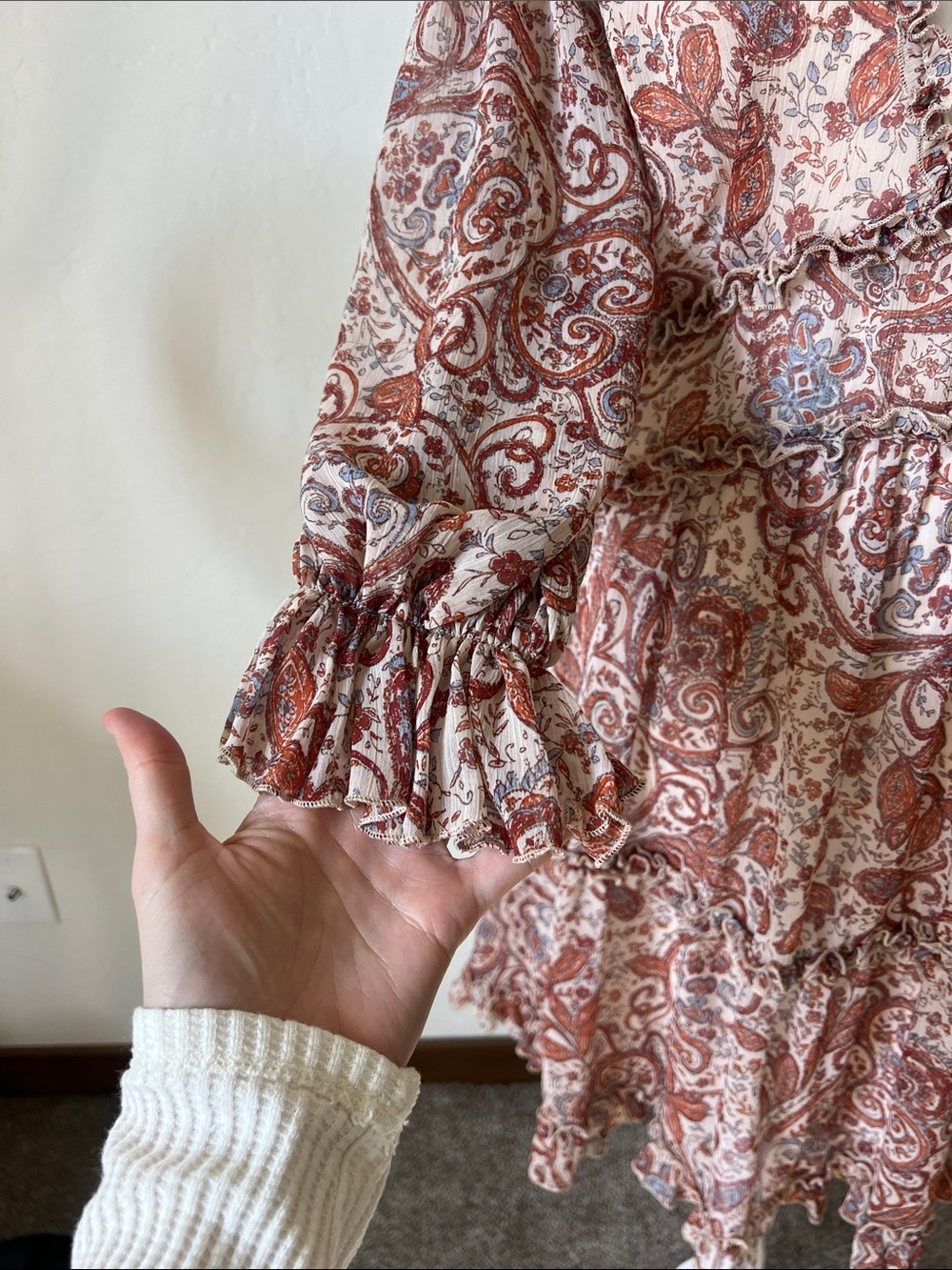 Venus Boho Chic Brown Creas Paisley Ruffle Tiered Open Back Mini Dress Sz 10 - Picture 5 of 9